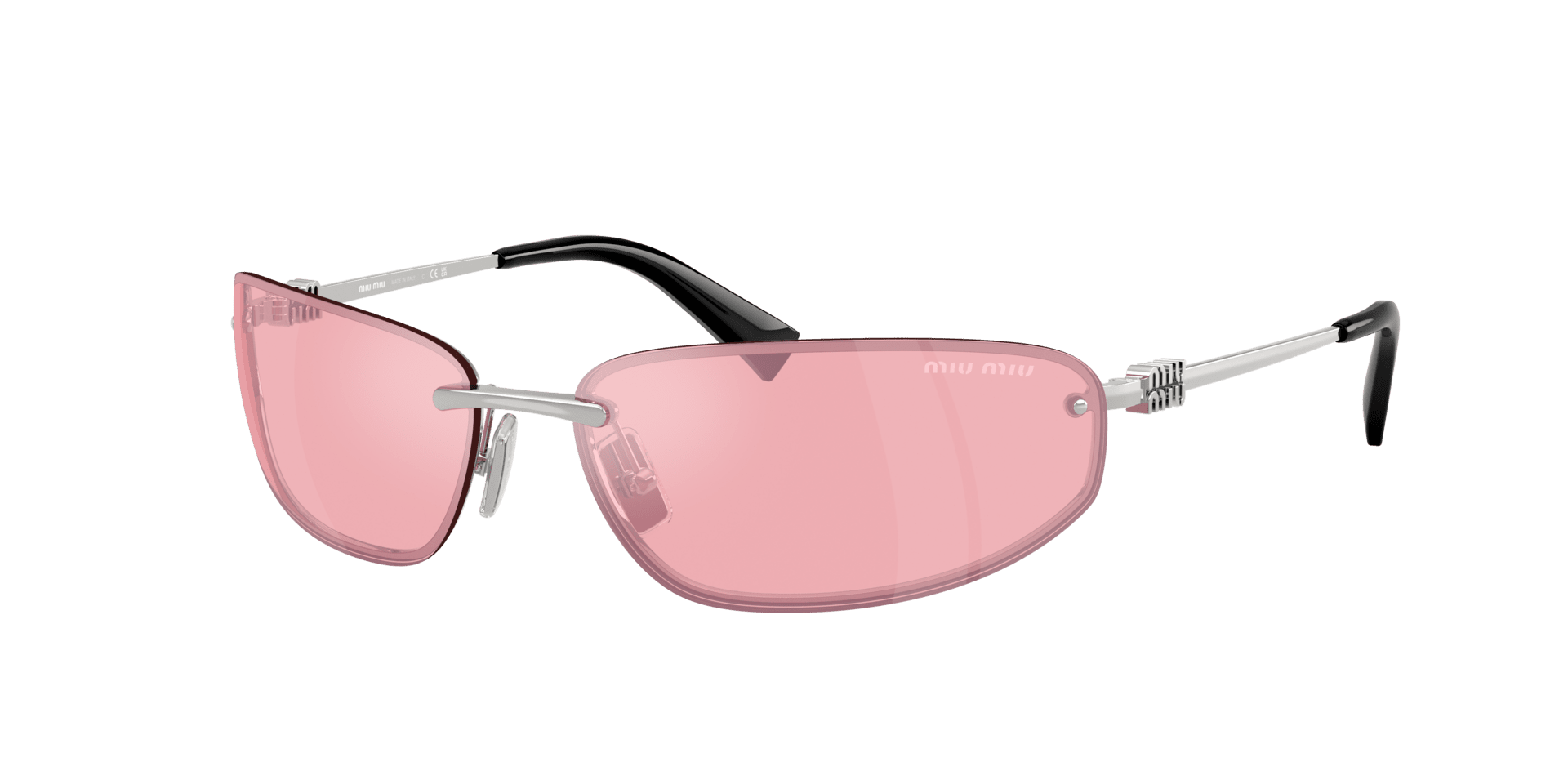 Miu Miu Runway in silver with pink lenses, retro couture spirit