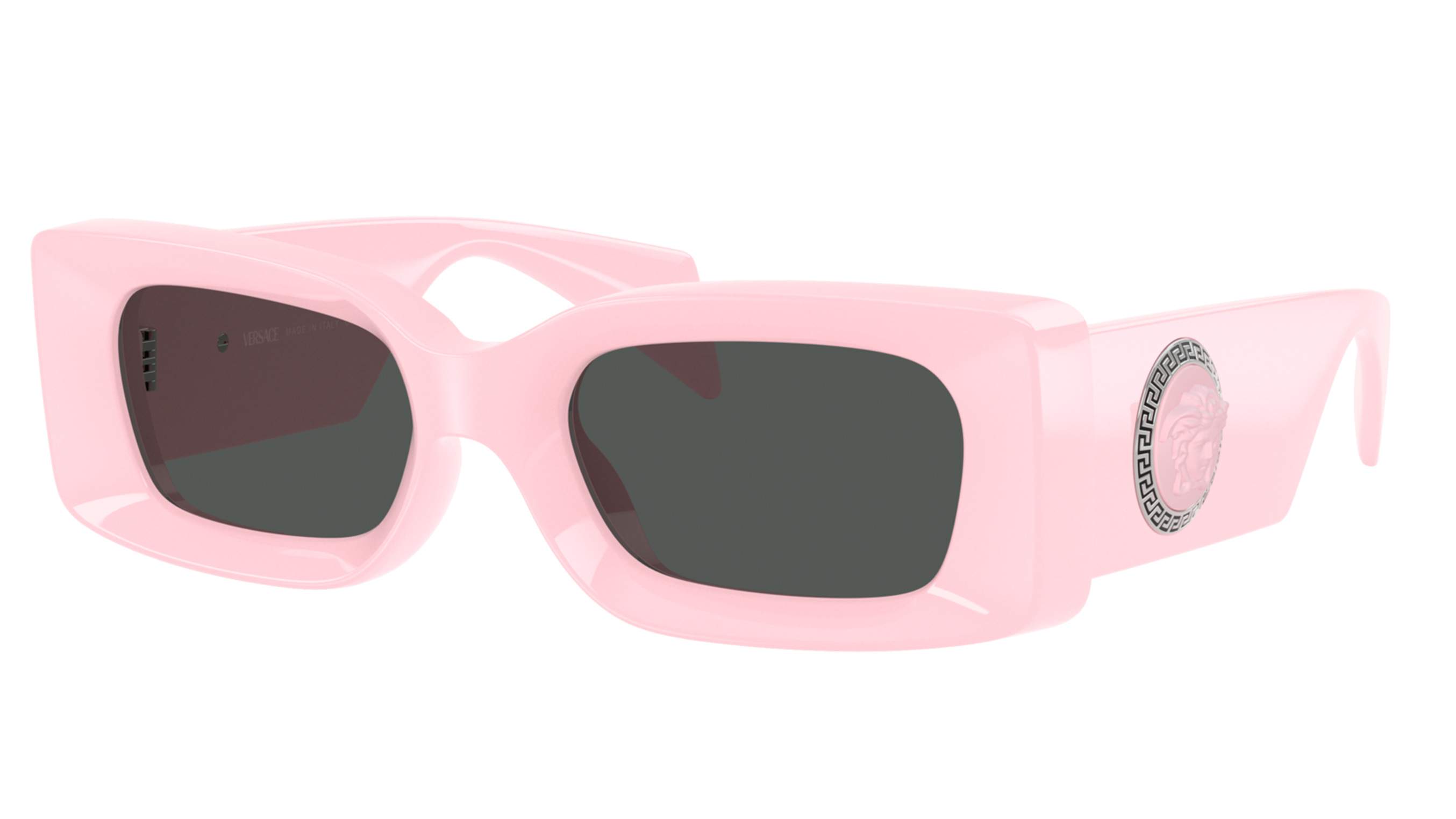 Versace VE4474U 548587 — vivid pink rectangular sunglasses with Medusa emblem